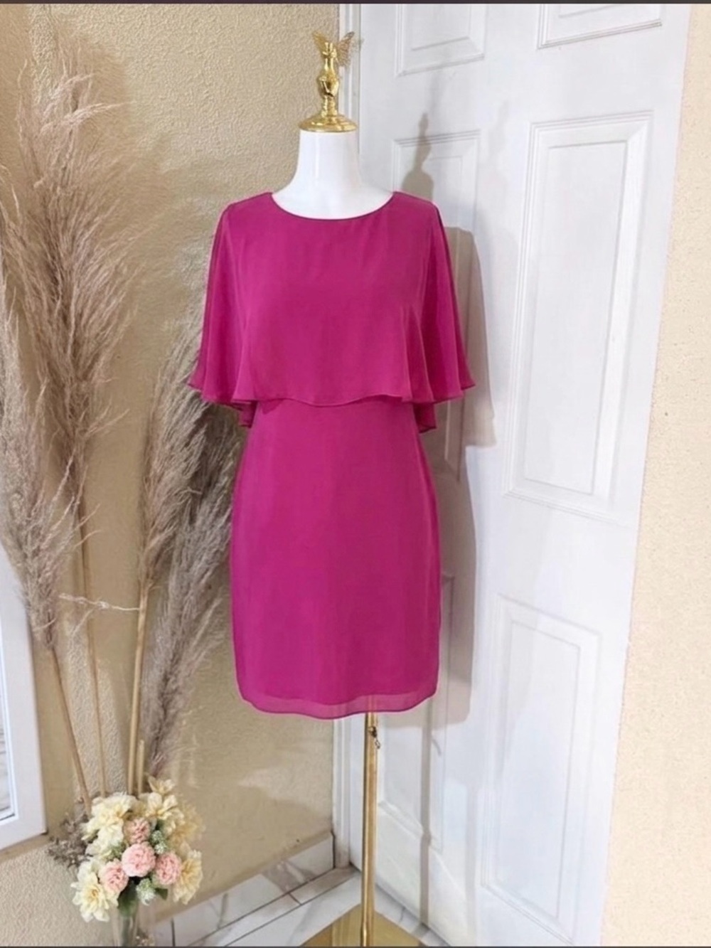 Glamour Nights Pink Popover Cape Sheath Dress Size 6 Chiffon Overlay